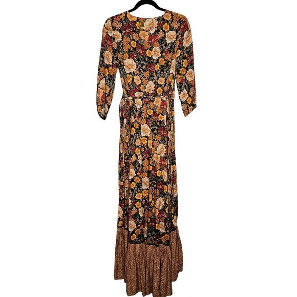 Farm Rio Madrid Maxi Dress Anthropologie Floral Gold Yellow‎ Wrap High Low XS - Picture 9 of 12